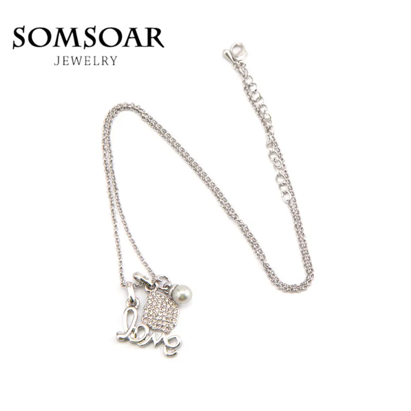 

Somsoar Jewelry 45CM Cleo Complete Set Features Silver LOVE With Rhombus Shape Cz Pendant And Single pearl Disc For Women Gift