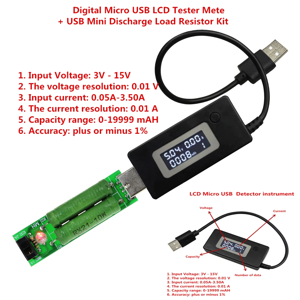 

Black Digital Micro USB LCD USB Mini Current Tester Meter + USB Mini Discharge Load Resistor 2A/1A With Switch