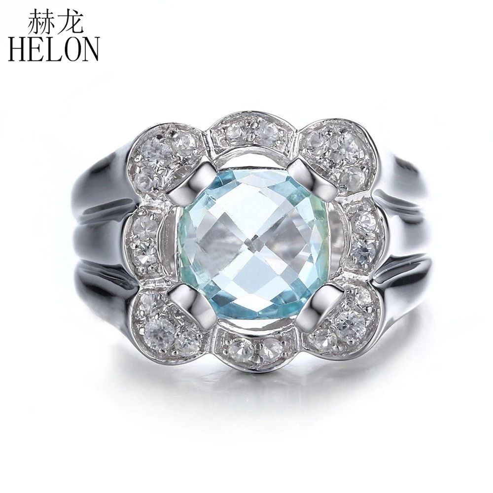 

HELON Stylish Sterling Silver 925 Cushion 8mm 3.44ct 100% Genuine Sky Blue Topaz & AAA Graded Cubic Zirconia Wedding Party Ring