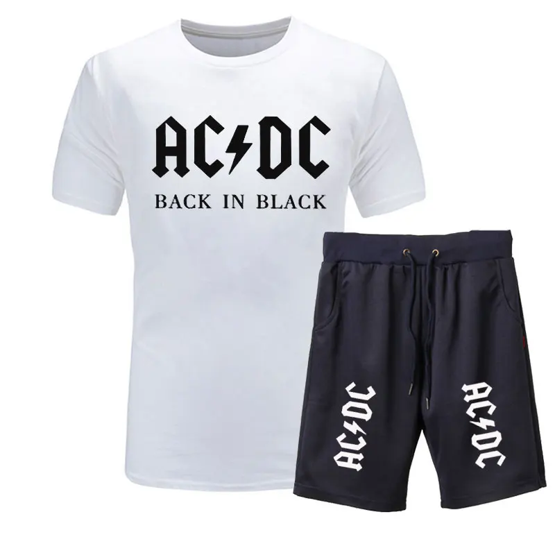 Новая брендовая одежда, AC/DC, Мужская футболка, Swag, футболка, хлопок, Мужская футболка и шорты, Homme, для фитнеса, Camisetas, хип-хоп, футболка, 2 предмета - Цвет: white navy