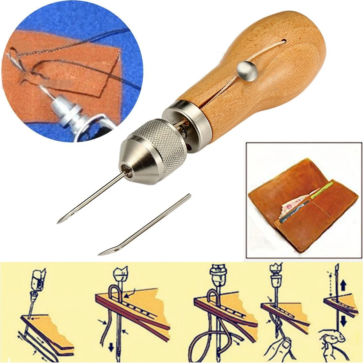1pc Leather Craft Tool Stitching Sewing Awl With Waxed Thread And Needles