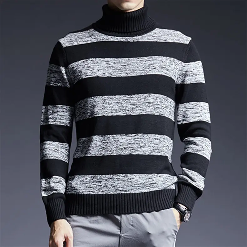 Thicken Mens Turtleneck Sweater Pullovers Winter Colored Wool High Neck Pullover Sweater Jumpers Male Striped Knitwear Clothing 01