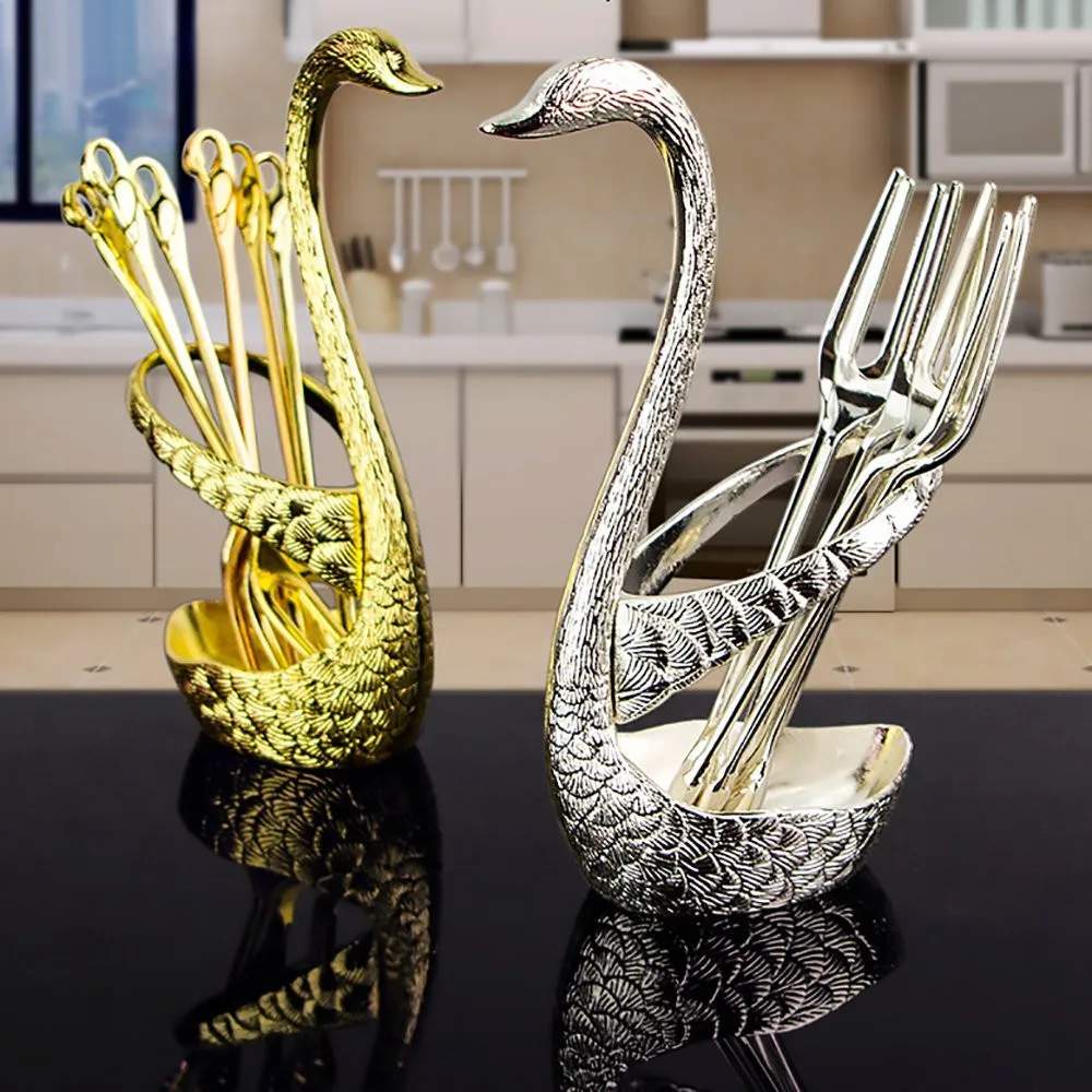 

Zinc Alloy Swan Style Holder Coffee Dessert Spoon Fruit Fork Cutlery Rest Set Tableware Holder Home Kitchen Table Decoration