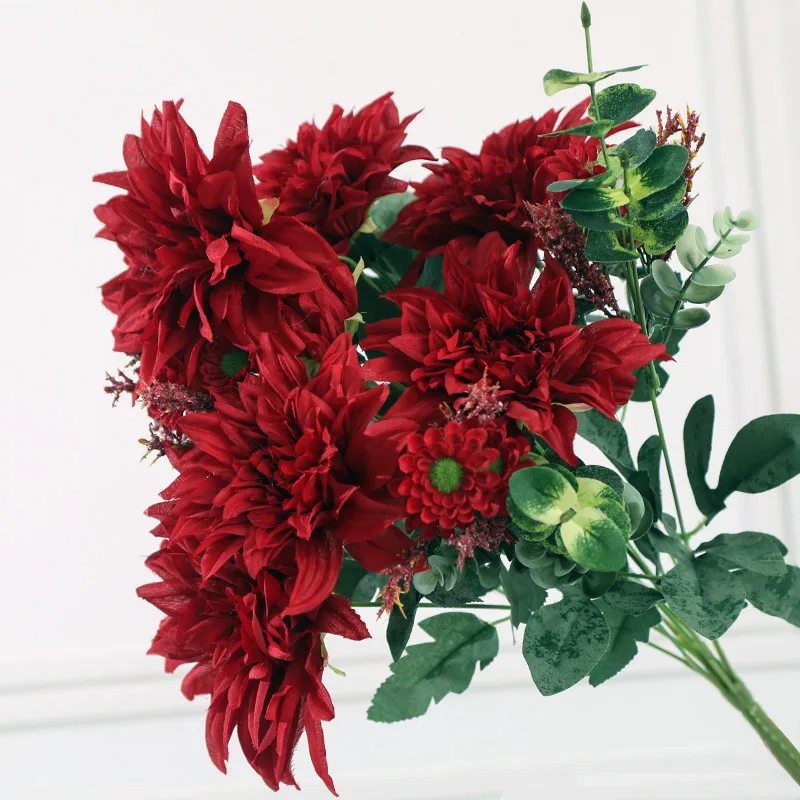 

1pcs 12 Heads Artificial Dahlia Bouquet Plants Beautiful Home Decoration Dahlia Garden Flowers Red Bonsai Tree Garden Decoration