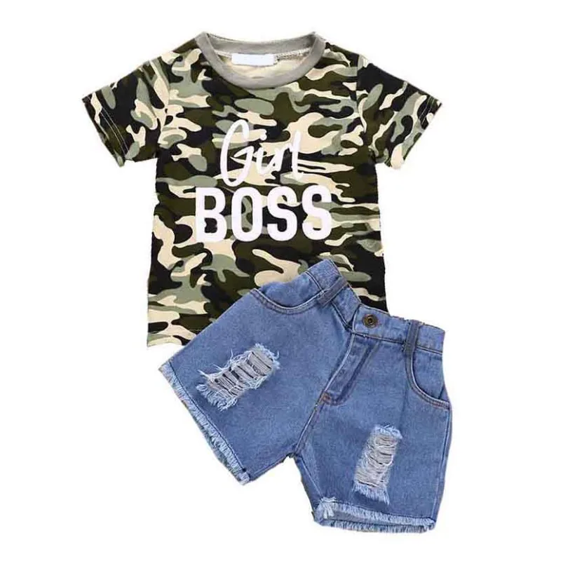 

Summer Girls Baby Girl Camouflage Short Sleeve T-Shirt+Hole Denim Shorts Casual Outfits Set New