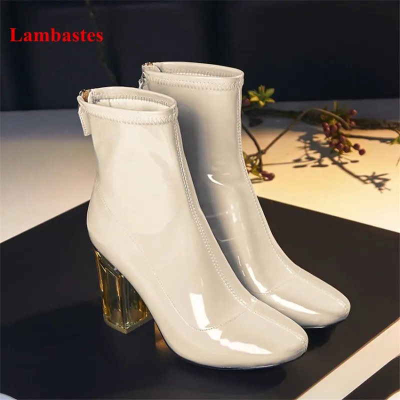 

Autumn Casual Shoes Women Round Toe Patent Leather Crystal Heel Designer Women Ankle Boots Zip Up Sexy Fashion Short Botas Femme