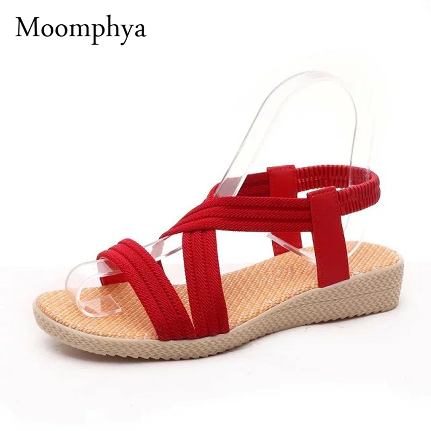 Moomphya New Women Low Wedges Sandals Women Stretch Fabric Elastic band