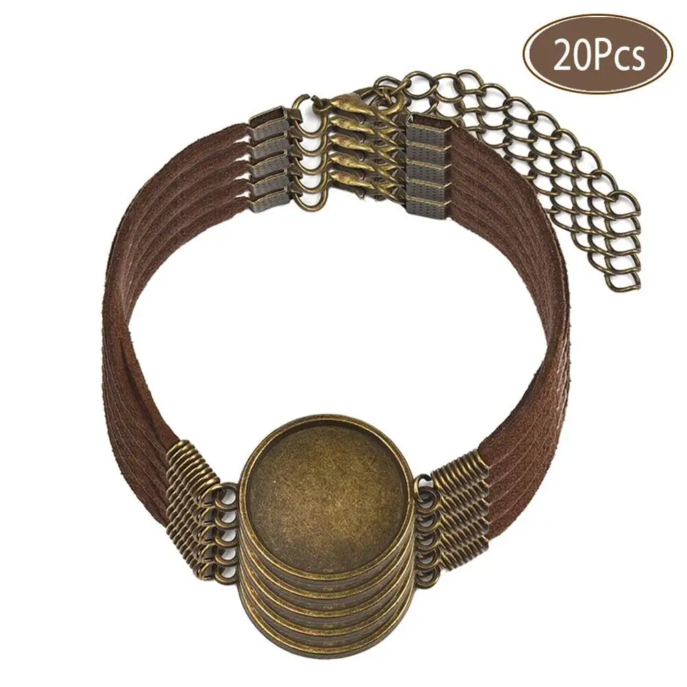 

20Pcs/Lot Semi Finished Leather Bracelet with Blank Connector Setting 20mm Flat Round Cabochon Base Jewelry Making DIY Component