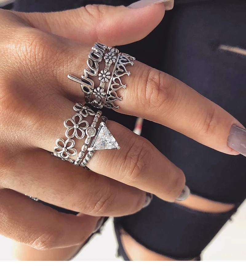 

Crazy Feng 5Pcs/Set Fashion Punk Silver Color Triangle Crystal Knuckle Rings For Women Aneis Femininos Ring Sets Jewelry Bijoux