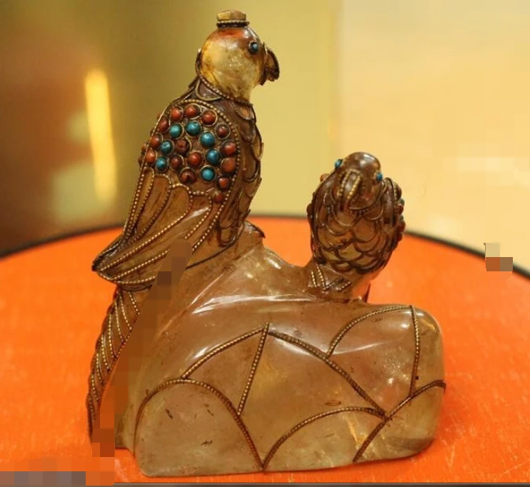 

Chinese Costful crystal 24K Gold Gem handwork carved lifelike Two Bird Statue R0715 B0403