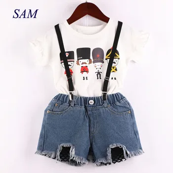 

Summer children's cloting sets 2019 Girls cartoon soldiers ruffled T-shirt + mesh denim shorts + straps 3 pcs suit clothes