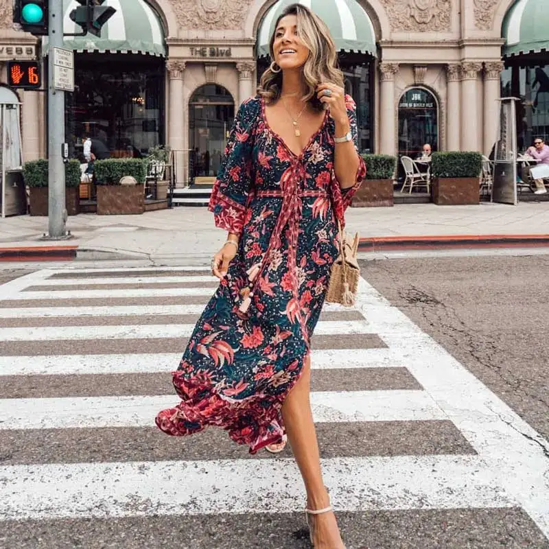 

BOHO INSPIRED long Boho dress 2019 birds print sexy V-Neck summer Dresses chic ruffle hem beach women Dress Bohemia maxi dress