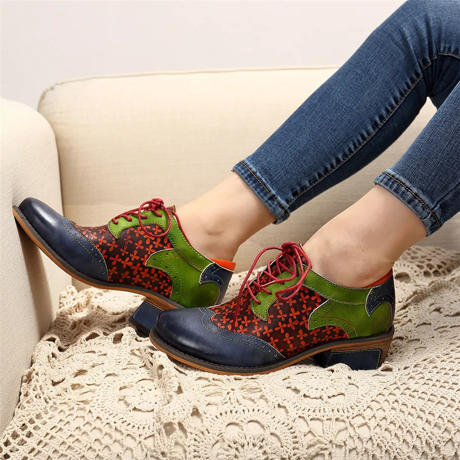 Big Size Genuine Leather Women's Oxford Shoes New Printed Bullock Students Oxfords For Women Retro Lady Casual Flat Brogue Shoes (1)