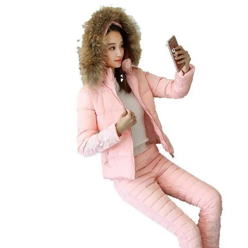 

2018 Winter Women Fur Collar Hooded Upset Cotton-Padded Down Suits Female Thick Warm Cotton Jacket Coat + Pant 2 Piece Sets V54