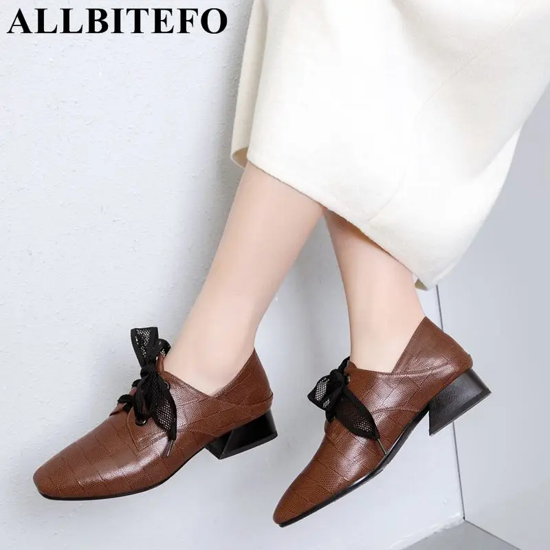 

ALLBITEFO natural genuine leather women heels shoes Spring Summer girls low heel shoes square toe office work shoes woman pumps