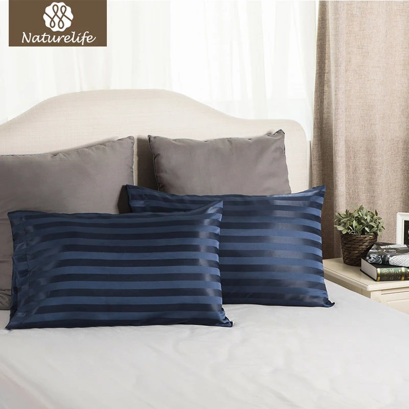 Naturelife Blue Jacquard Stripes Silk Satin Pillowcase Pillow Cover