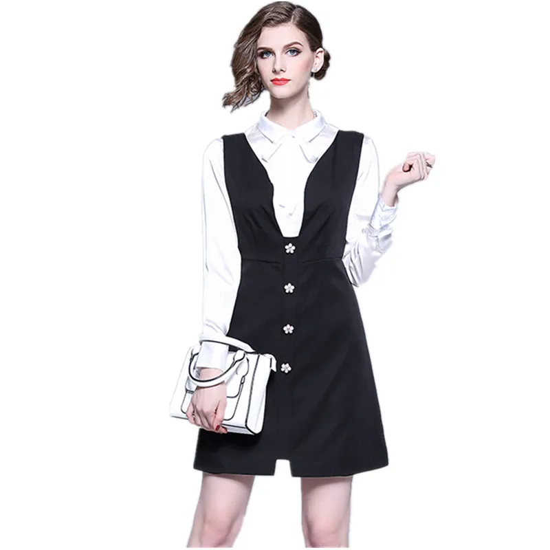 

HAMALIEL Vestidos Women 2 Piece Set Dress Autumn Formal White Cotton Bow Shirt Tops + Black Vest Single Breasted Skirt Suits