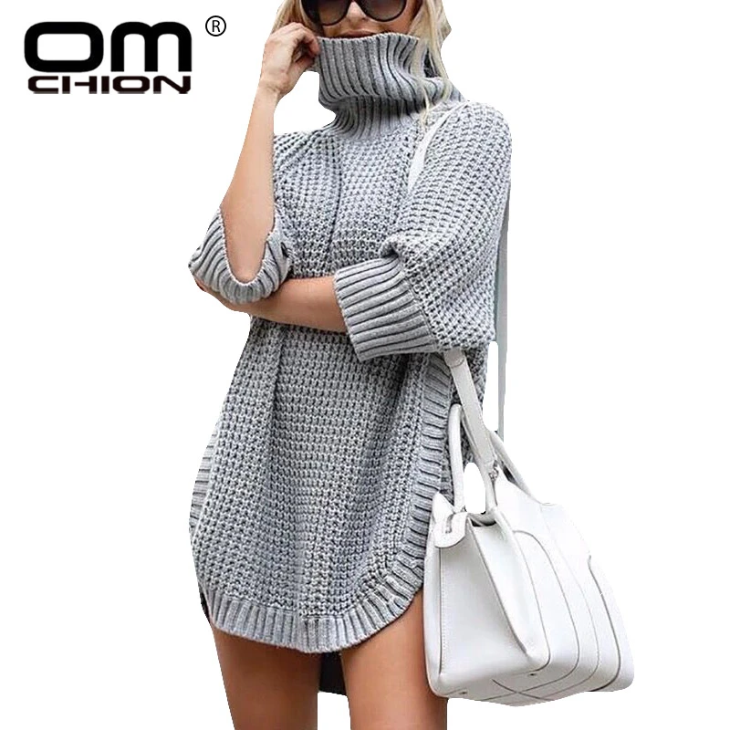 OMCHION Sueter Mujer 2019 Осень Зима Водолазка рукав до локтя вязаный свитер Женский разрез