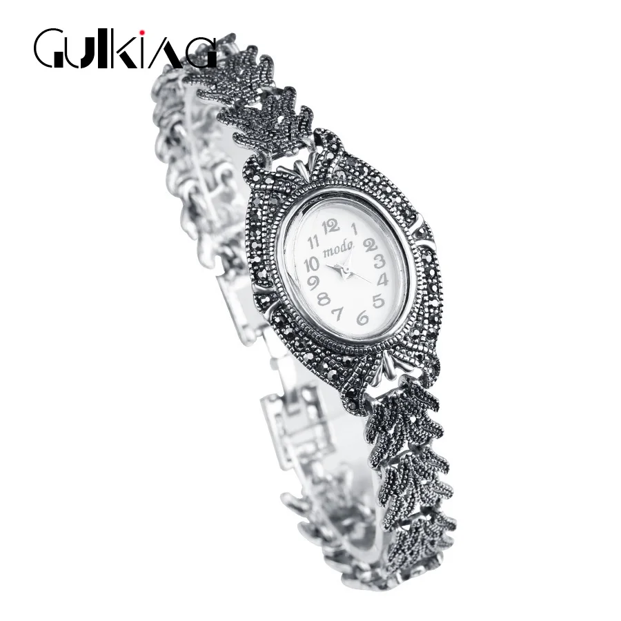 

Gulkina New Bracelets & Bangles Fine Jewelry Silver Color Gray Crystal cz Zircon Inlay Bangles Decorative watches For Women Gift