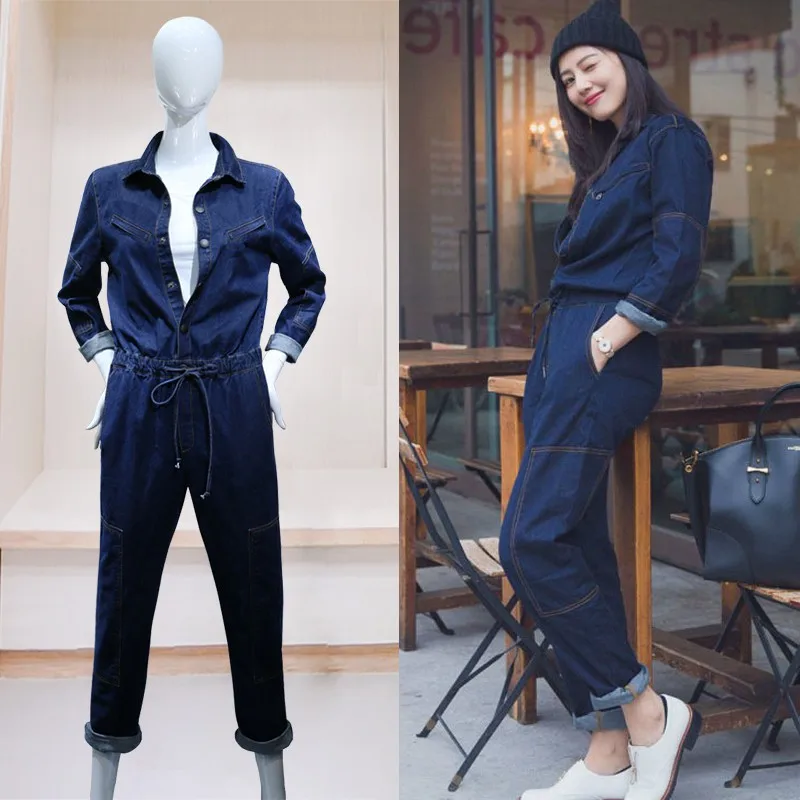 Autumn Women's Long sleeve denim jumpsuits Overalls turn down collar