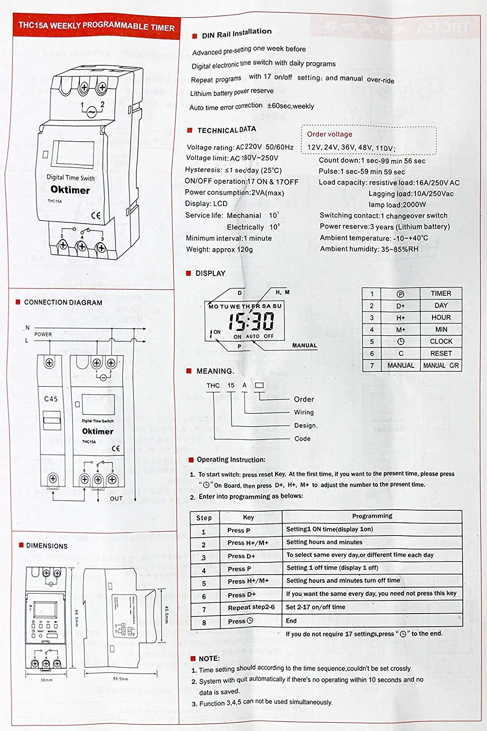 Interruptor temporizador THC15A, THC15A 220‑240VAC 20A Carril DIN  Interruptor temporizador programable digital