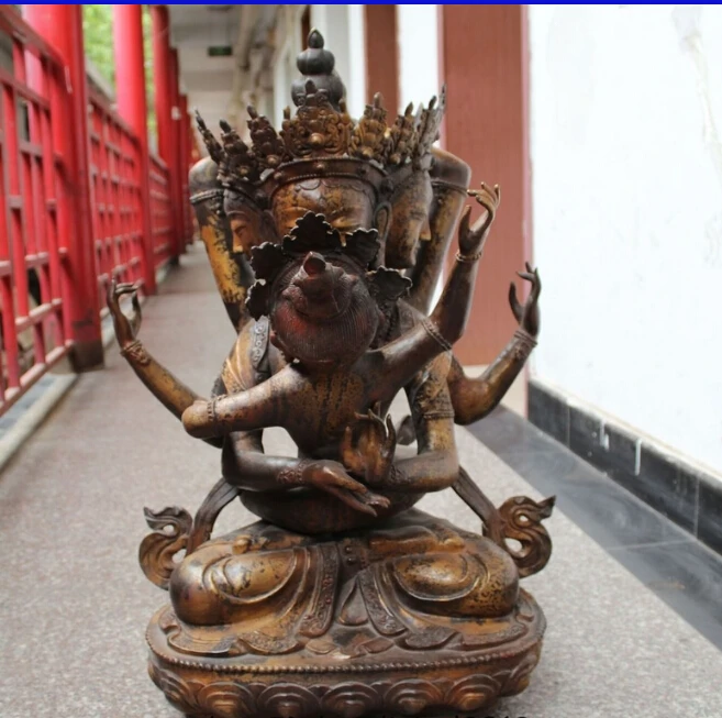 

31" Chinese Bronze Gild 3 Head 8 Arms Buddha Statue