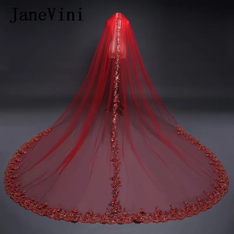 

JaneVini Red Graceful Bridal Veils 3.5 Meters Long Arabic One -Layer Gold Lace Applique Bridal Veil No Comb Wedding Accessories