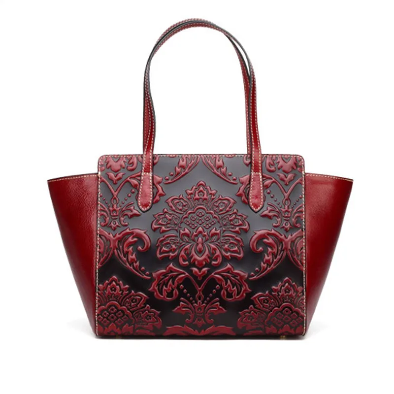 Beste BERAGHINI 2018 New Vintage Echt Leer Vrouwen Handtas Chinese Nationale Embossing Vrouwelijke Schoudertas Dames Tote