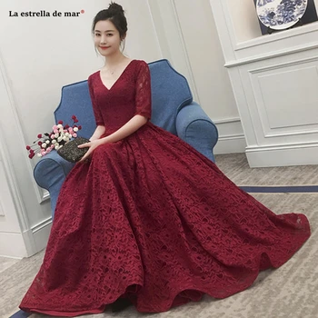 

Vestido de fiesta para boda new lace sexy V neck half sleeve A Line navy blue pink burgundy bridesmaid dresses long robe fille d