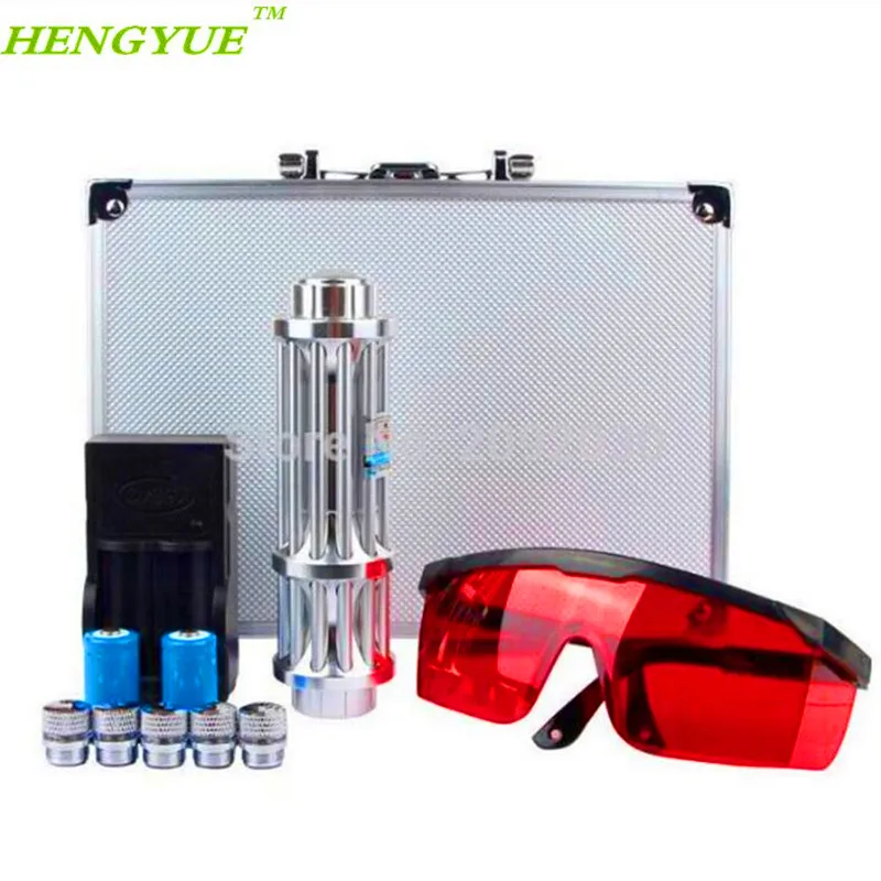 

FSHTI Newest Hight Quality 450nm Blue Light Laser Pointer Pen Power Beam 5 Head With 2x16340 With Charger With Goggles