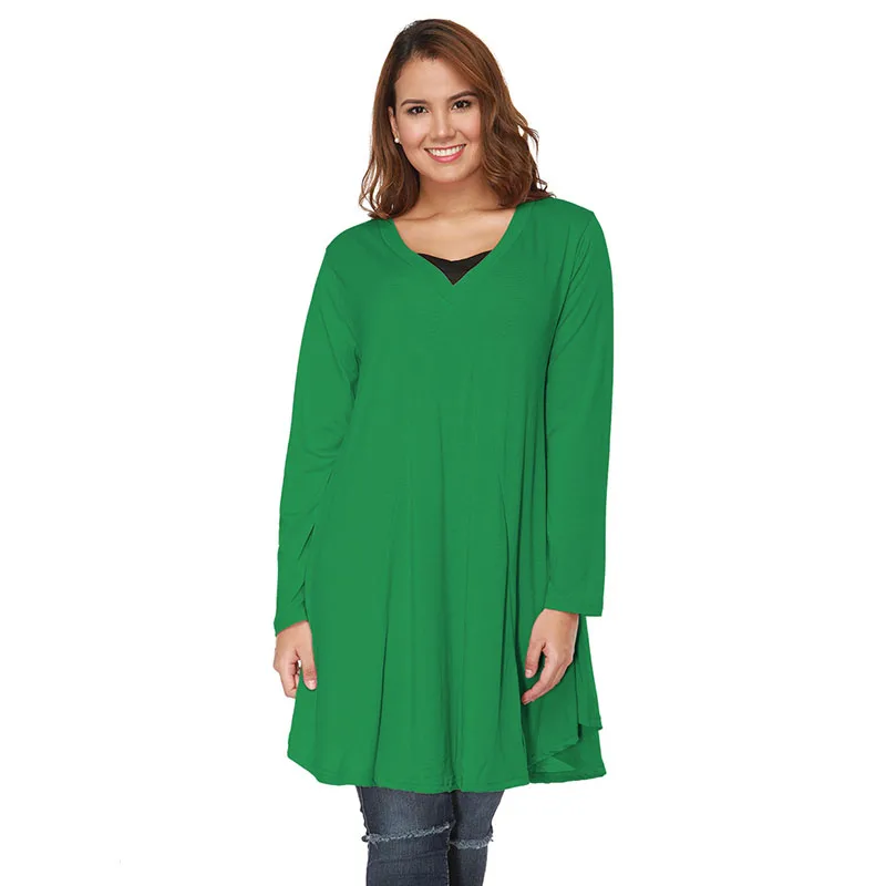 5XL размера плюс, Длинная женская блузка, Осень-зима, v-образный вырез, длинный рукав, свободный, большой размер, туника, топы, красные, элегантные, неровные, женские топы - Цвет: Зеленый