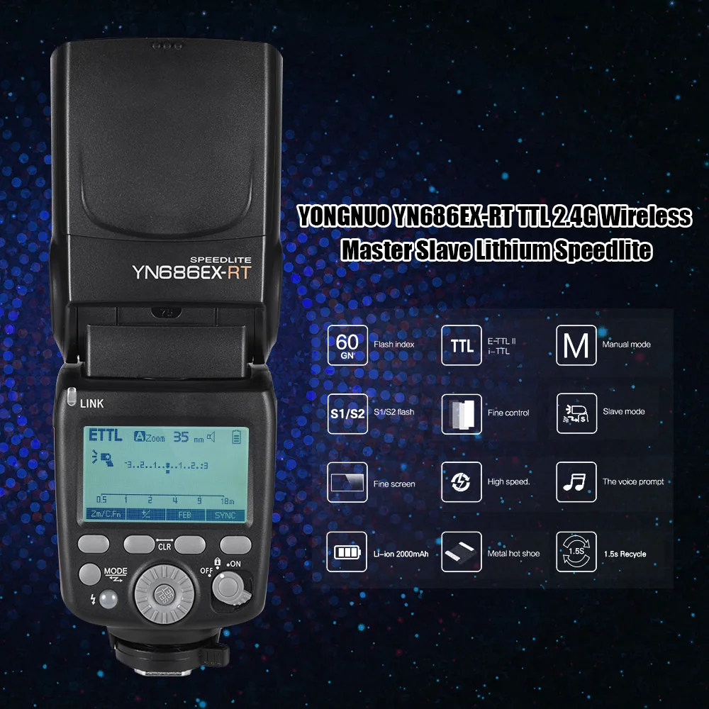 US $161.37 YONGNUO YN686EXRT TTL Flash Speedlite 24G Wireless 18000s HSS 5600K Master Slave Flash Speedlite WBattery For Canon Camera