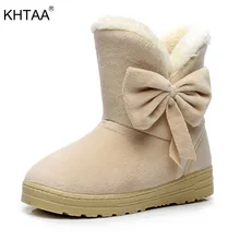 KHTAA Female Warmer Plush Bowtie Fur Suede Rubber Flat Slip On Winter Ankle Snow Boots Women’s Fashion Platform Black Shoes