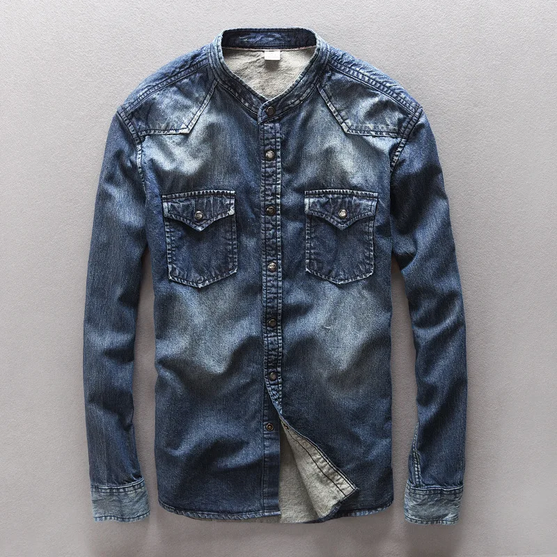 

Fashion Streetwear Men Shirts Retro Wash Designer Stand Collar Long Sleeve Denim Shirts Men 100% Cotton Vintage Casual Shirts