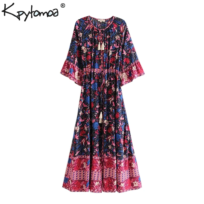 

Boho Chic Summer Vintage Floral Print Pleated Maxi Dress Women 2019 Fashion V Neck Lace Up Tassel Beach Dresses Vestidos Mujer
