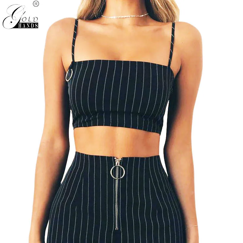 

Gold Hands Vertical Striped Breast Strap Elastic Slash-Neck Circle Decoration Bodycon Black Skinny Camis Summer Streetwear Crop