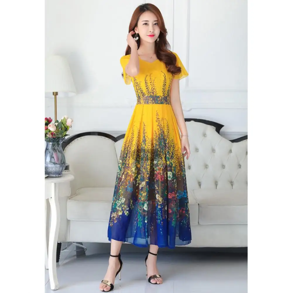 

Yfashion Women Dress Summer Temperament Slim Printing Short Sleeve Long Dresses Women Chiffon Dress Summer Clothes