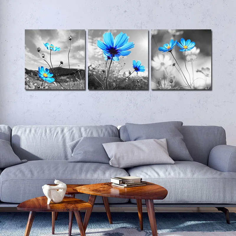 Canvas Prints Floral Paintings Blue Flowers Wall Decor 3 Panel Canvas Wall Art For Living Room Bedroom Home Decoration Canvas Wall Art Wall Artfloral Painting Aliexpress