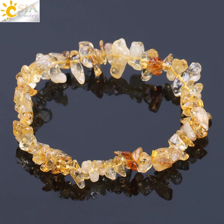 CSJA Natural Yellow Crystal Stones Beads Bracelet Irregular Gravel Quartz Bangles Healing Charm for Women Men Jewelry F157