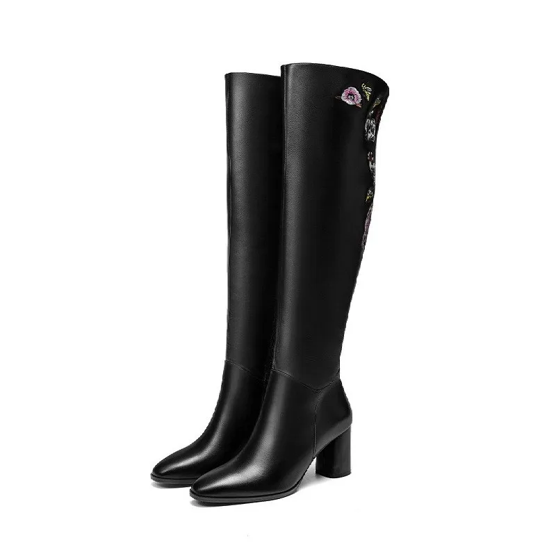 

2019 autumn and winter new over the knee pointed high heel plus velvet embroidered women's boots black ljj 0406
