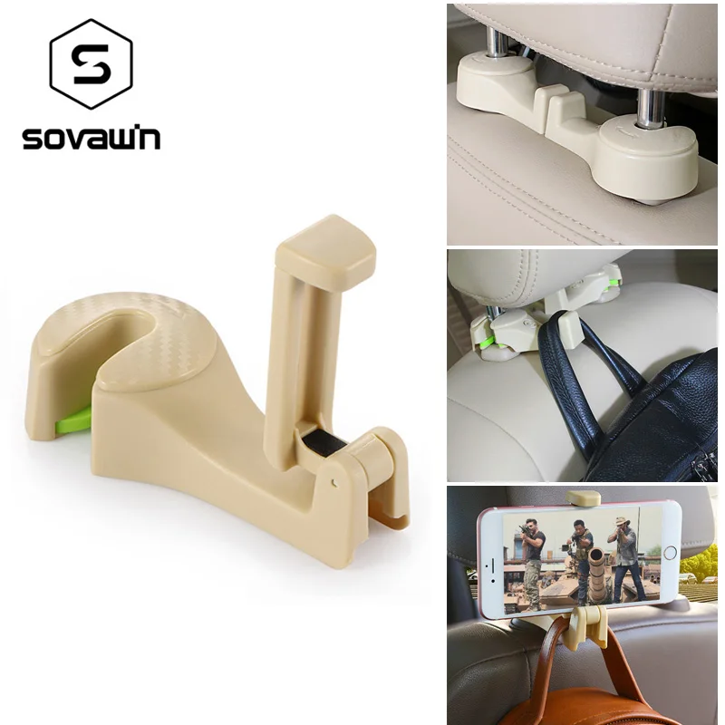 

Sovawin 2 in 1 Car Headrest Hook Phone Holder Seat Back Hanger for Bag Handbag Purse Grocery Cloth Grocery Storage Auto Fastener