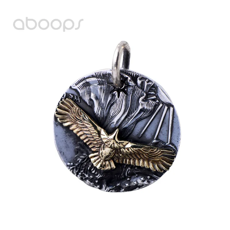 

Two Tone 925 Sterling Silver Round Tag Pendant with Gold Eagle for Men Boys,Free Shipping