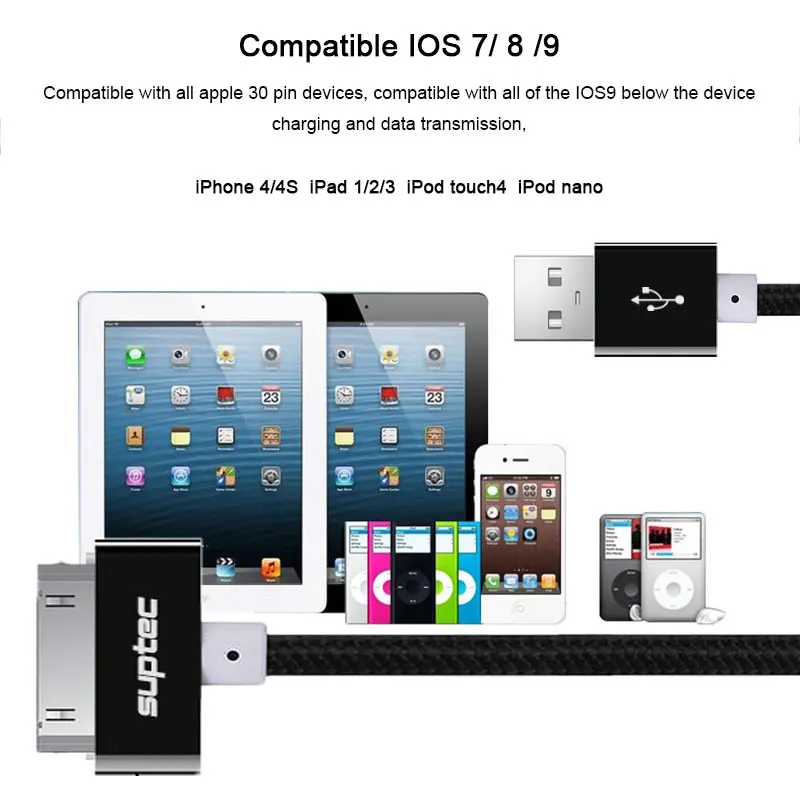 USB кабель SUPTEC 2 м 3 для iPhone 4 в нейлоновой оплетке А 30 контактный быстрой зарядки и