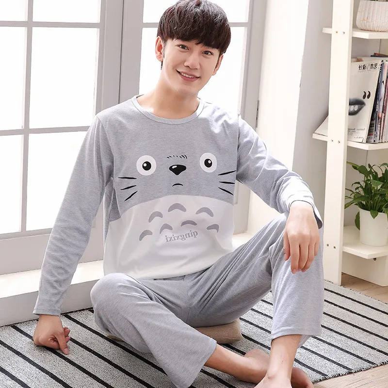 Autumn Wintetr  Long-sleeved Men's Cotton Pajamas Letter Striped Cartoon Pajama Sets Casual Men Pyjamas Plus Size L-4XL Pijama satin pajamas Men's Sleep & Lounge