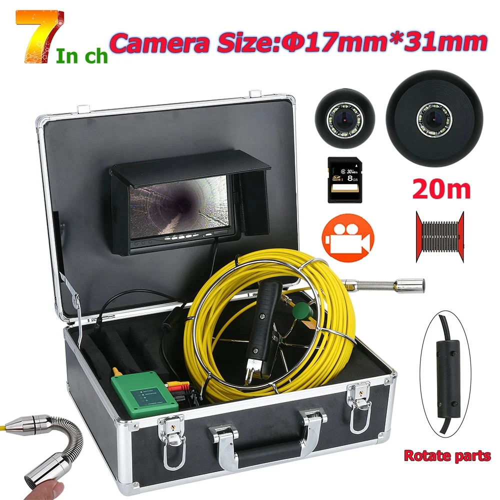 

7inch DVR 17MM Pipe Inspection Video Camera, 20M IP68 Waterproof Drain Pipe Sewer Inspection Camera System