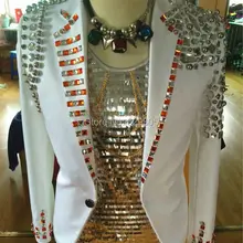 Плюс размер индивидуальный Кристалл куртка мужская сценическая одежда бисером заклепки пальто костюм ручной работы горный хрусталь певец из ночного клуба блейзер