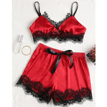 

Women's Satin Lace stitching Solid Color Pajamas Set Short Triangle Wrapped Chest Umbilical Cord Bow Bow Shorts Slip Face Suit