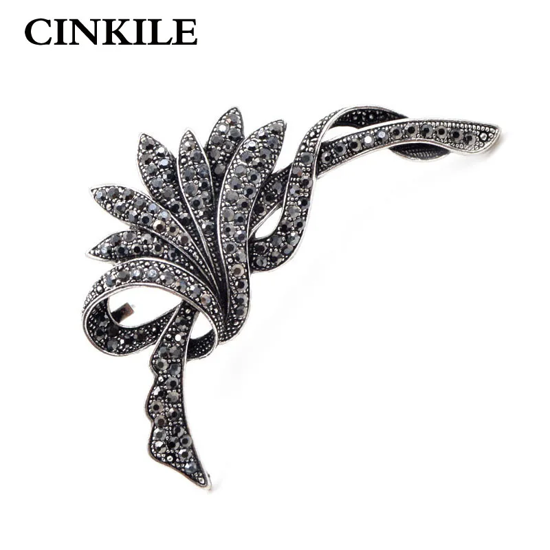 CINKILE أسود اللون حجر الراين زهرة دبابيس للنساء الأزياء كبيرة بروش دبوس الشتاء المجوهرات حزب اكسسوارات هدية جيدة