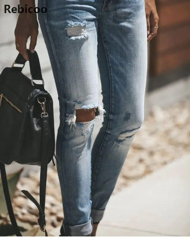 Women High Waist Ripped Denim Jeans Femme Skinny Pencil Pants Jean Hole Ripped Denim Jeans Casual Stretch Skinny Trousers Jeans