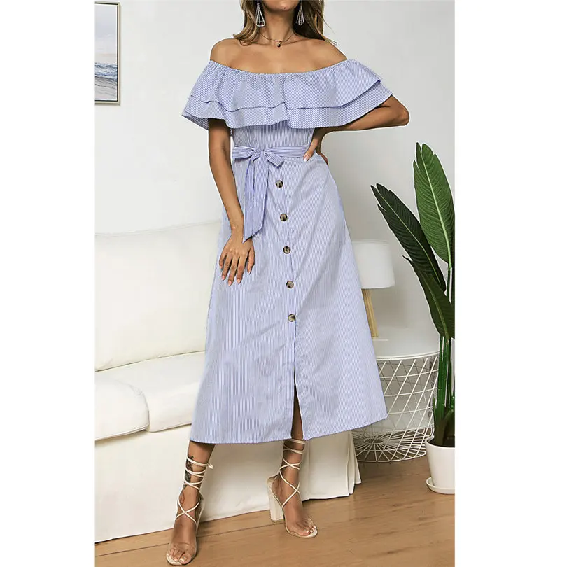 Plus Size New Fashion Women Summer Casual Daily Sexy Off Shoulder Button Dress Short Sleeve Slash Neck Striped Dress #4A18 (7)